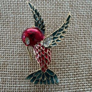 Vintage Gold Tone Blue, Red, and Green Enamel Hummingbird Brooch
